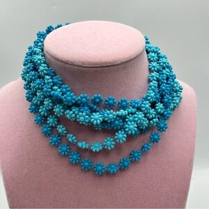 Woman’s long Turquoise floral Blue Strand Beaded Necklace